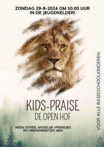 Poster met afbeelding over de kidspraise, met een plaatje van een leeuw